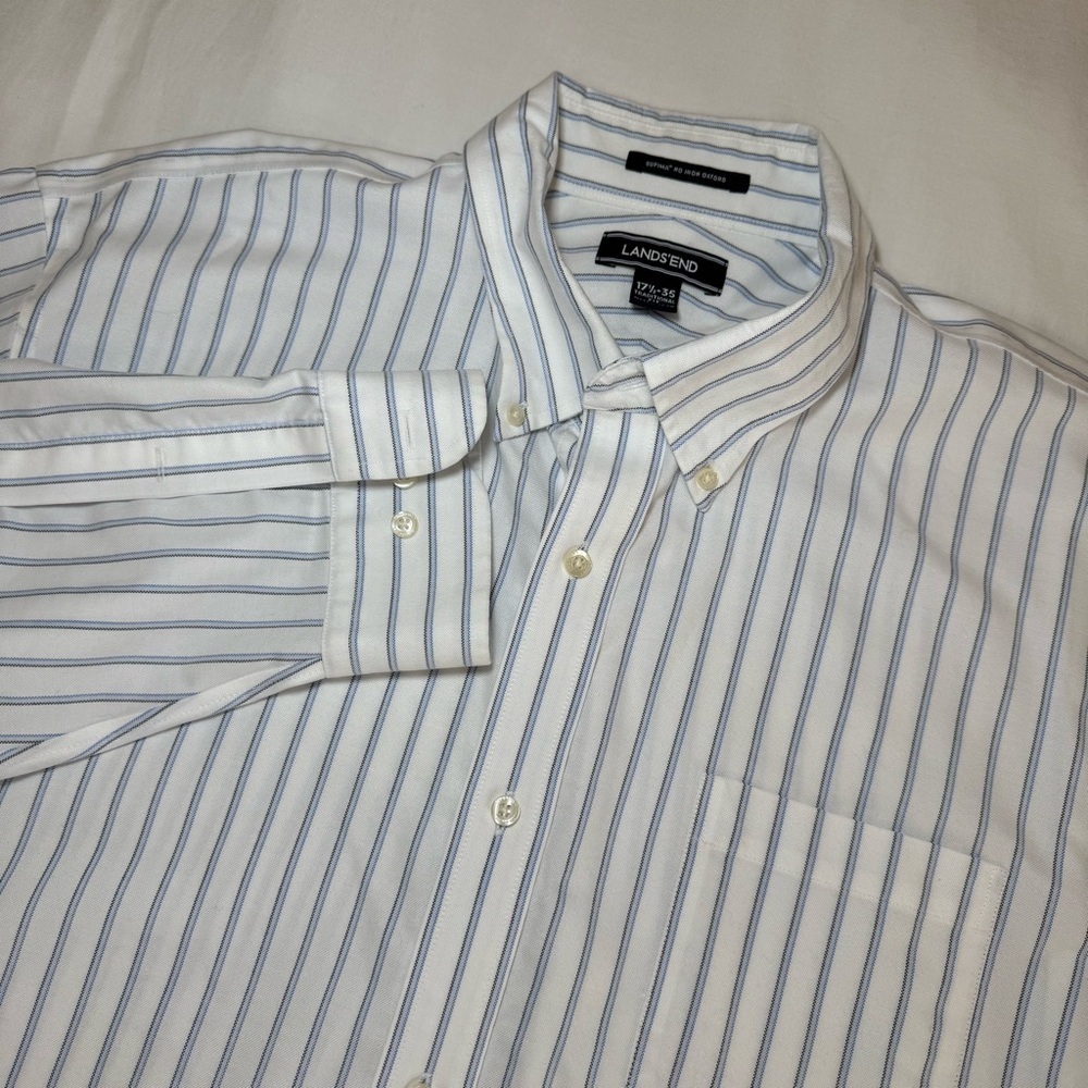 Lands End Supima No Iron Oxford Dress Shirt Size 17 1/2-35 Striped Long Sleeve